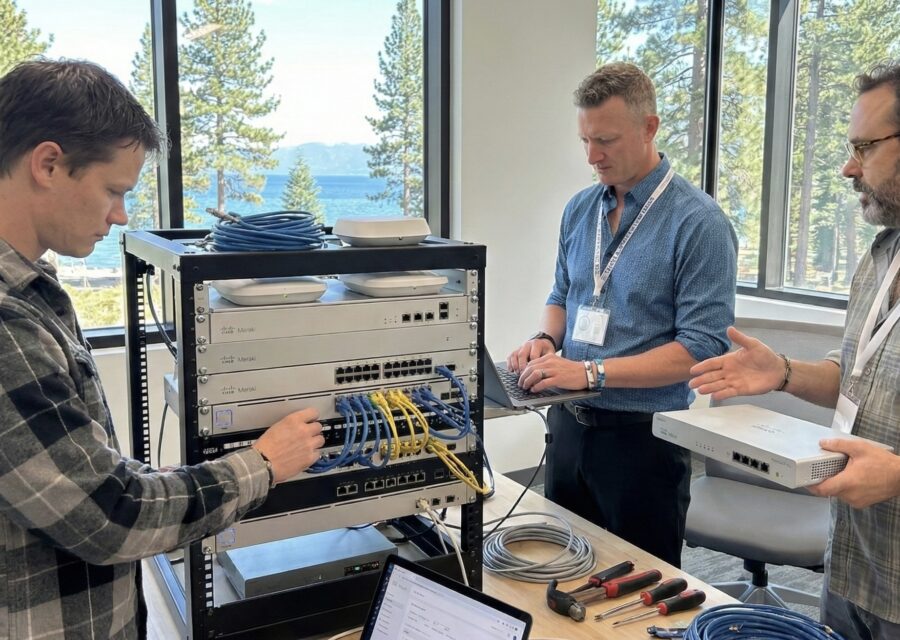 Ernie, Carl and Nick setting up a client network with a view of Lake Tahoe