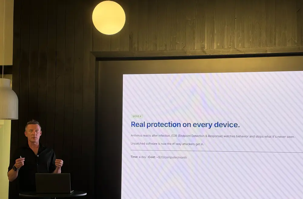 Carl LeBlanc of Tahoe Tech Group presenting cybersecurity to a live audience