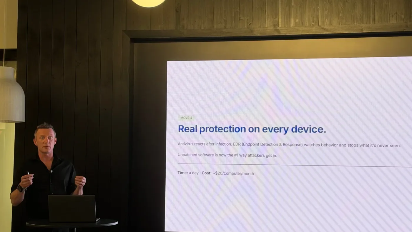 Carl LeBlanc of Tahoe Tech Group presenting cybersecurity to a live audience